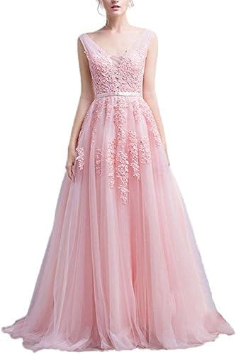 DressBeMine Women's Double V-Neck Tulle Appliques Long Evening Cocktail Gowns