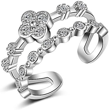 Shawa Jewelry Double Bands Four-Leaf Clover Crystal Ring 925 Sterling Silver Open Ring for Women
