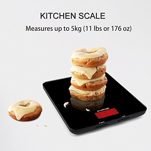 Accuweight AW-KS001 digitale Küchenwaage aus Sicherheitsglas mit LCD Display, 5kg, schwarz, Inkl. Batterie - 6