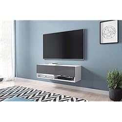 Wander - Meuble TV Suspendu/Banc TV avec LED (100 cm) (Blanc Mat/Gris Brillant)