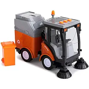 Morgan Sellers Big Size Smart City Sanitation Sweeper Cleaning Truck with Light & Sound Effects Friction Powered Garbage Truck with Removable Trash Can & Rotating Brushes (Sanitation/Cleaning Truck)