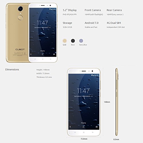 Cubot Note Plus 4G-LTE Smartphone 5.2 Zoll Android 7.0, Quad-Core 3GB Ram+32GB ROM, 16MP + 16MP Kamera, Fingerabdrucksensor Benachrichtigungs-LED, Dual Sim ohne Vertrag Handy