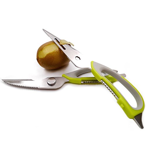 Multifunktions-Küchenschere Edelstahl 7 in 1 | Knochen und Fleisch Schneiden, Obst und Gemüse schälen Fischentschuppen Flaschenöffner Nussknacker ergonomischen weichen rutschfesten Griff leicht zerlegbar und zu reinigen - 5