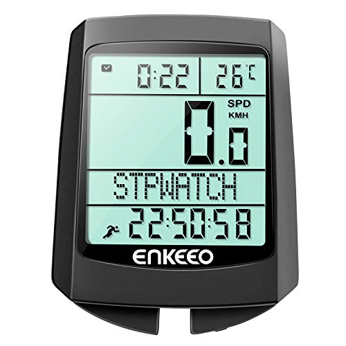 ENKEEO Contachilometri Bici Senza Fili, Computer da Bici Wireless, Ciclocomputer Impermeabile con Display Retroilluminato LCD a 5 Lingue, Accensione/Spegnimento Automatico, 19 Funzinoi per Ciclismo