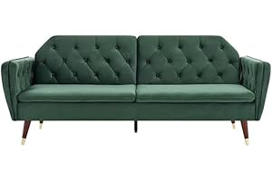 Bravich 'Victoria' 3 Triple Seater Velvet Fabric Sofa Bed- Dark Green. Click Clack Mechanism Sofa Bed With Gold Accent Legs. Living Room Furniture For Adult Guest Bed. Comfy Living Settee Couch Futon