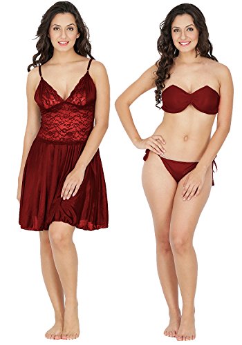 Klamotten Satin Women Nightwear and Bikini Set 221M-07 Maroon RS.299.00