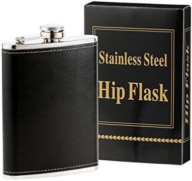Heesung Stainless Steel Hip Flask Wrapped Black Leather , Whiskey Hip Flask And Liquor Flask 8 OZ ,Metal Vintage Flask Attached Screw on Cap