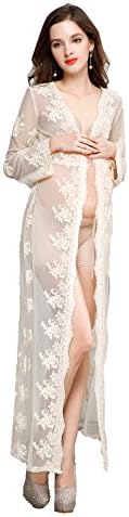 Women's Sexy Floral Lace See Through Maternity Dress Lace Cardigan for Photo Shoot Beige