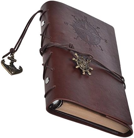 Leather Journal Notebook, Riroad Refillable Spiral Daily Notepad Classic Embossed Travel Journal Diary with Blank Pages and Retro Pendants (Dark Brown)