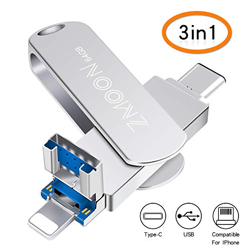 64GB 3 in 1 USB Memory Stick, Flash Drive Espansione Memoria Multi-funzion PenDrive with Type C USB IOS Connector per iPhone iPad Android Windows (Argento )