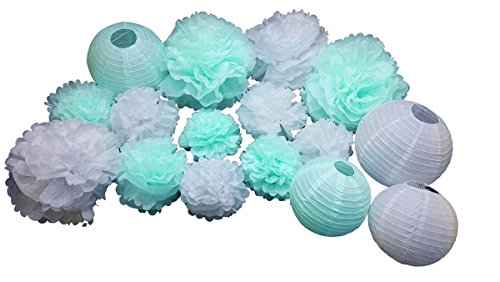 Furuix 18 PC Laterne Dekorationen Junge Baby Dusche Dekorationen Weiß und Baby Blau Gemischte Gewebe Pom Pom Blume und Papier Laterne Party Gefälligkeiten Hochzeit Geburtstag Dekor Papier Dekorationen - 2