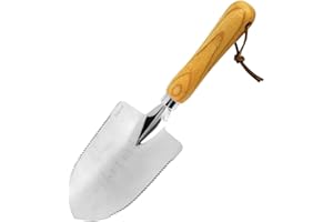 MIJOVA Truelle de jardin, truelle manuelle avec marque de mesure de profondeur, poignée ergonomique en grain de bois, outil de jardinage en acier inoxydable pour plantation, désherbage, transplantation et