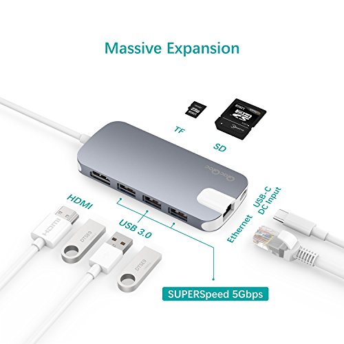 USB C Hub QacQoc USB C Adapter mit Typ C Ladeanschluss, HDMI Port, Gigabit LAN, SD-Kartenleser, Micro SD-Kartenleser, 3 USB 3.0 Port für Typ C Geräte wie MacBook, MacBook Pro, Google Chromebook (Grau) - 3