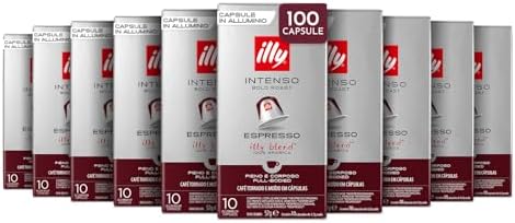 illy, Caffè in Capsule Compatibili in Alluminio INTENSO, 100% Arabica con Note di Cacao e Frutta Secca, Retrogusto Pieno e Corposo, 10 Confezioni da 10 (100 Capsule Totali)