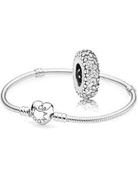 Original Pandora Geschenkset - 1 Silber Armband 590719-19 mit Herz Verschluss + 1 Silber Zwischenelement 791359CZ...