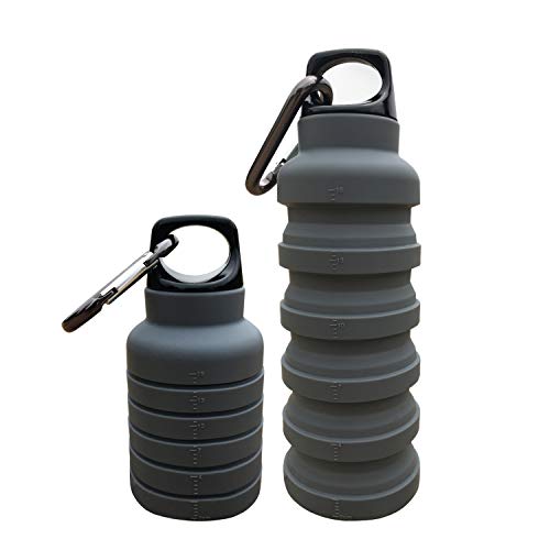 ThinsGO, la borraccia pieghevole, ermetica, realizzata in silicone, leggera, ecologica e riutilizzabile, per viaggi, campeggio, trekking, escursioni, corsa, 250-500 ml, 255-481 g., Grey