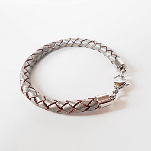 Silver Coloured Leather Bracelet for him her 6mm Two-Tone Braided Cuff