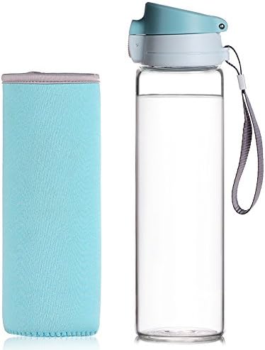 Reeho® 510ml BPA-Free Borosilicate Glass Water Bottle With Protective Neoprene Sleeve and Strap, Sport Bottles for Hiking, Gym, Running [One Click Open] (Blue, 510ml)
