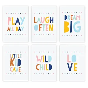 INKOLOGIE Boho Bohemian Colours Nursery Kids Bedroom Wall Art Decor Poster Print, A4 Size 8.25 x 11.75-inch, Play All Day, Wild Child, Little Kid Cave, Love, 6-Pack, No Frame