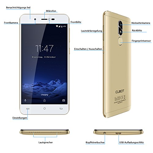 Cubot R9 (2017) Andriod 7.0 Nougat Smartphone 2GB RAM, 5.0 Inch Touch-Display Handy Ohne Vertrag mit Fingerprintsensor, Micro-Sim und Nano-Sim (Gold)