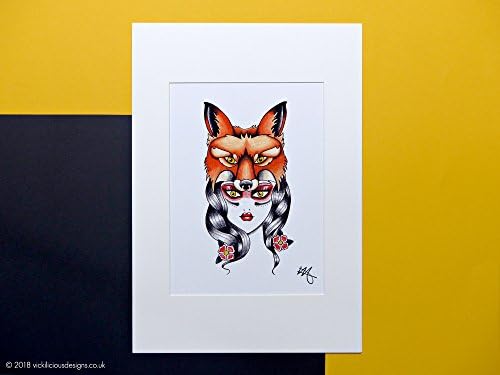 Woodland Goddess wearing a fox headdress tattoo flash print
