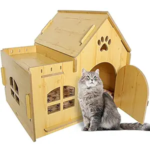 PetBus Cat House with Terrace Indoor Cats with Padding Small Dog Cave Bed Wooden Cages for Little Pets with Door and Windows Easy Assemble