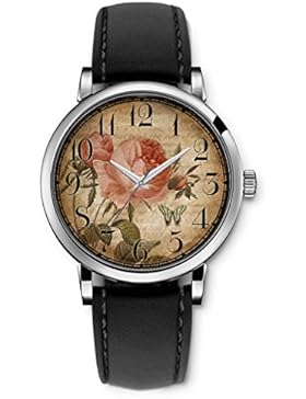Damenuhr Leder Armbanduhr Vintage Retro Damenarmbanduhr Damen Neu Retro rose butterfly Schwarz Armband von iCreat
