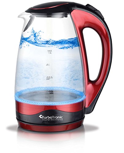 TurboTronic Glas Wasserkocher 1,8 Liter mit LED Beleuchtung Blau (innen) BPA Frei, Leistung: 2200 Watt, Farbe: Rot-Metallic, inklusive Kalkfilter am Ausguss und 360° Basis-Station (kabellos), Edelstahl Bodenplatte mit nicht sichtbaren Heizelement - 3