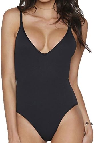 YrzaKva Women's Girl's Crisscross Strap Back One Piece Swimsuits Sexy V-Neck Solid Plaid Control Bathing Suits Black
