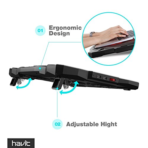 HAVIT Laptop Kühler Cooling Pad (bis zu 17 Zoll), Notebook Cooler Ständer Kühlpad Kühlmatte mit 5 Ventilatoren, 2 USB-Anschlüssen, rotes LED Licht (F2068) - 2