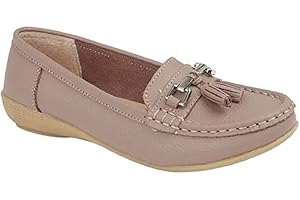Jo & Joe Nautical Ladies Leather Loafer Shoes, Tassel Flat, Women's Size 7.5-8, Flexible Rubber Grip Sole, Round Toe, Pull-On, 1 inches Heel, Cold Lining, Solid, Low Top, Comfort Wear, Party