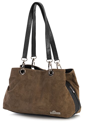 BHBS Bolso Pequeño de Dama para Hombro en Piel Gamuzada italiana Auténtica con doble Asa y Multibolsillos (3_MP Dark Tan Blk)