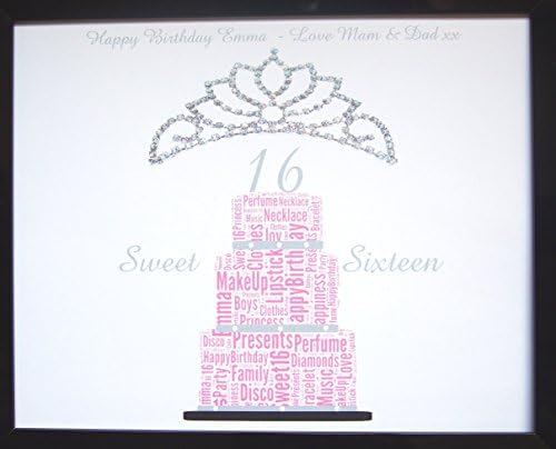 New Personalised Sweet Sixteen Word Art, Birthday, or General Gift, Presented in 8" x 10" Glass Front Frame, Beautiful Unique Gift & Keepsake