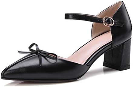 BIANJESUS Sandals Female Summer Middle Thick Heel Leather Bow Tie Slotted Buckle Slope Hasp Tip Top Fashion Comfortable Casual,Black,EU38