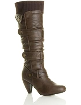 Damen Mittel Hohe Kubanischer Absatz Strickkragen Riemen Geraffte Reißverschluss Wade Kniehohe Stiefel Größe