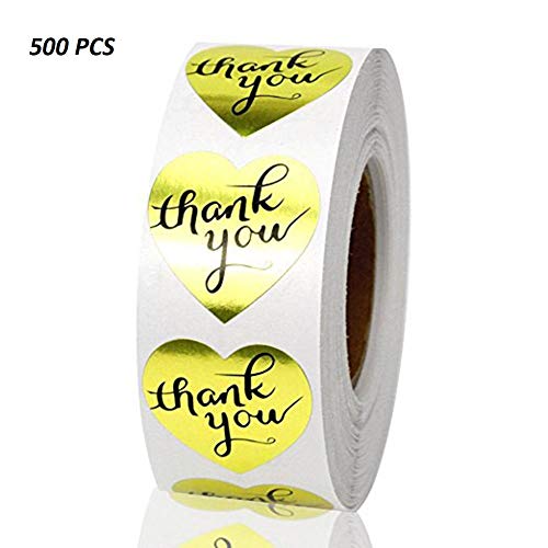 Thank You Stickers, Gold Heart Shaped Foil Easy-Pull Adhesive Foil Labels (Gold)