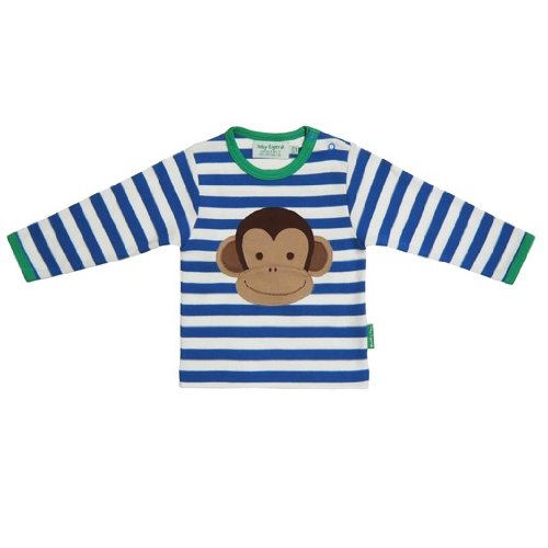 Toby Tiger Unisex Baby Organic Monkey Applique Long Sleeve T-Shirt Blue/ White 5 - 6 Years