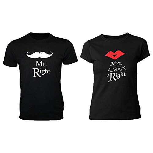 Giftsmate Valentine Gifts Mr Right Mrs Always Right Couple T-shirts for Husband Wife Men Women Round Neck - Black Men XXL Women XXL