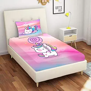 Hopcara Kids Velvet Designer Modern Unicorn Magical Printed Single Bedsheet (65x100 Inches/250TC) with Matching Pillow Cover