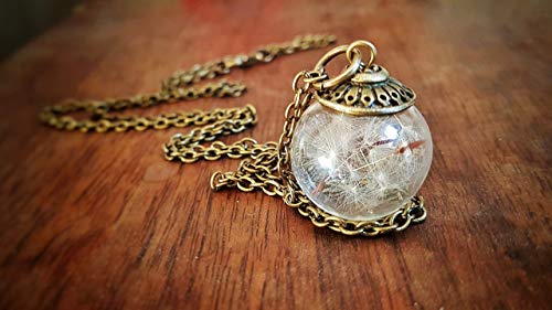 Colgante pequeño boho de Diente de León - Joya de estilo Vintage con flores secas naturales - Bola de cristal grande de 20mm - Regalos originales para mujer - Regalo cumpleaños