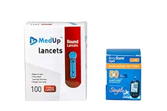 MedUp Round Lancets 100 Pieces with Accusure Simple Blood GlucoseTest Strips 50 Strips (NO GLUCOMETER)