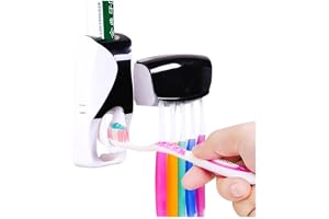 Automatic Toothbrush Dispenser, Wall Mount Toothpaste Squeezer and Toothbrush Holder Set for Kids Family Bathroom Use (Black)