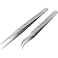 vadda bai 2 pieces stainless steel anti-static tweezers curved and straight tips