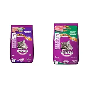 Whiskas Adult (+1 Year) Dry Cat Food, Mackerel Flavour, 7kg Pack and Adult (+1 Year) Dry Cat Food, Tuna Flavour, 7kg Pack