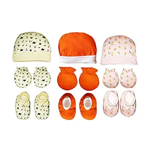 KIDEEZGUILD... Baby Girls and Baby Boys Cotton Soft Cloth Printed Cute Cap Mitten Booties Infant Accessories Set (Multicolour, 0-6 Months) -Combo Pack of 3