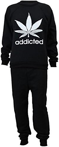 Classy Fashion Women's Ladies Leaf Addicted Print Slogan Tracksuit ML Black