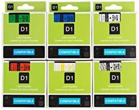Set of 6 PK Compatible with Dymo D1 45010 45013 45016 45017 45018 45019 Label Tape Cassette 12mm 7m Standard Self-Adhesive-Color Combo Black on Clear/White/Red/Blue/Yellow/Green For LabelManager Printer LM PnP 160 280