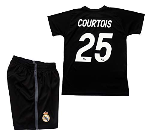 Ensemble Maillot et Pantalon Gardien de But Noir Real Madrid - Réplique Offcielle avec Licence - Crête 25 CORTOIS - Enfant Taille 12 - Mesure Poitrine 45 - Longueur Totale 63 - Manche Long 16.5 cm