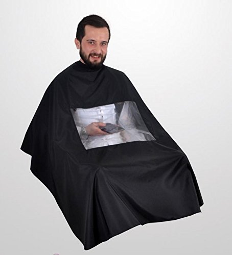 BARBER HAIRDRESSER GOWN CAPE WITH WINDOW TO PLAY WITH MOBILE PHONE OR READ NEWSPAPER MAGAZINE