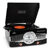 MULTITALENTO: Usted obtendrá un toca discos retro en acabado negro con sintonizador de radio FM/AM, silencioso accionamiento por correa e inicio y stop automático. Los dos altavoces estéreo integrados ofrecen un sonido limpio y agudos finamente definidos.